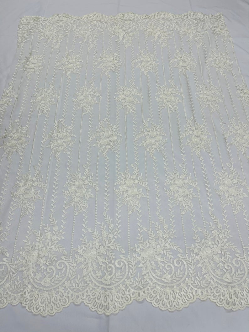 Ivory Lace Fabric _ Embroidered Floral Flowers Lace on Mesh FabricICE FABRICSICE FABRICSPer YardIvory Lace Fabric _ Embroidered Floral Flowers Lace on Mesh Fabric ICE FABRICS