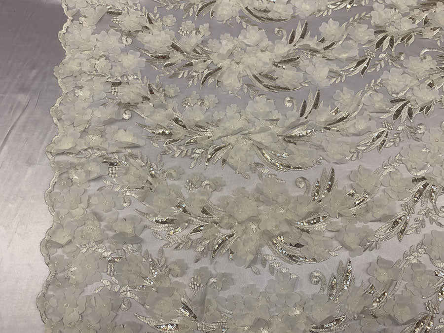 Ivory Veil Bridal Gowns Embroidery Sequins 3D Flowers Mesh Lace Floral FabricICEFABRICICE FABRICSIvory Veil Bridal Gowns Embroidery Sequins 3D Flowers Mesh Lace Floral Fabric ICEFABRIC