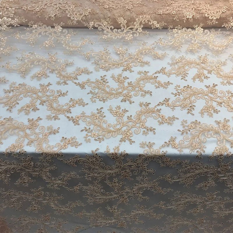 Lace Fabric Embroidered Flowers Lace By The YardICE FABRICSICE FABRICSPeachLace Fabric Embroidered Flowers Lace By The Yard ICE FABRICS Peach