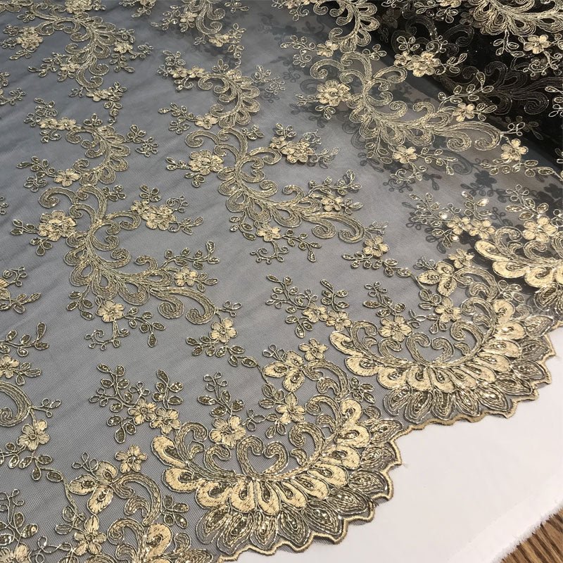 Lace Fabric Embroidered Flowers Lace By The YardICE FABRICSICE FABRICSBlack/GoldLace Fabric Embroidered Flowers Lace By The Yard ICE FABRICS Black/Gold