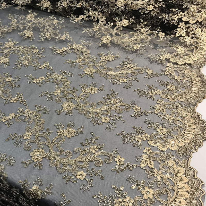 Lace Fabric Embroidered Flowers Lace By The YardICE FABRICSICE FABRICSBlack/GoldLace Fabric Embroidered Flowers Lace By The Yard ICE FABRICS Black/Gold