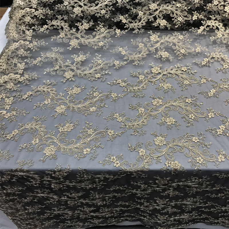 Lace Fabric Embroidered Flowers Lace By The YardICE FABRICSICE FABRICSBlack/GoldLace Fabric Embroidered Flowers Lace By The Yard ICE FABRICS Black/Gold