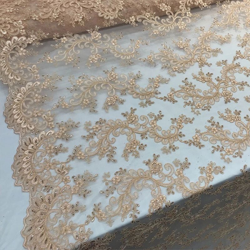 Lace Fabric Embroidered Flowers Lace By The YardICE FABRICSICE FABRICSPeachLace Fabric Embroidered Flowers Lace By The Yard ICE FABRICS Peach
