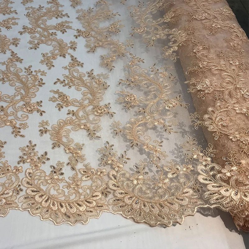 Lace Fabric Embroidered Flowers Lace By The YardICE FABRICSICE FABRICSPeachLace Fabric Embroidered Flowers Lace By The Yard ICE FABRICS Peach