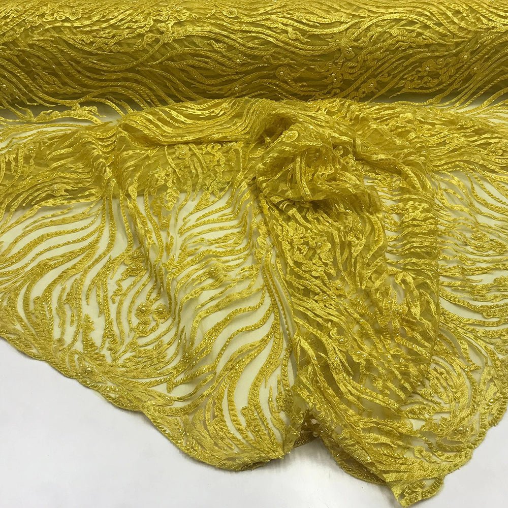 Latest French Design Bridal Embroidered Lace With Beads And Sequins Mesh FabricICE FABRICSICE FABRICSYellowLatest French Design Bridal Embroidered Lace With Beads And Sequins Mesh Fabric ICE FABRICS Yellow