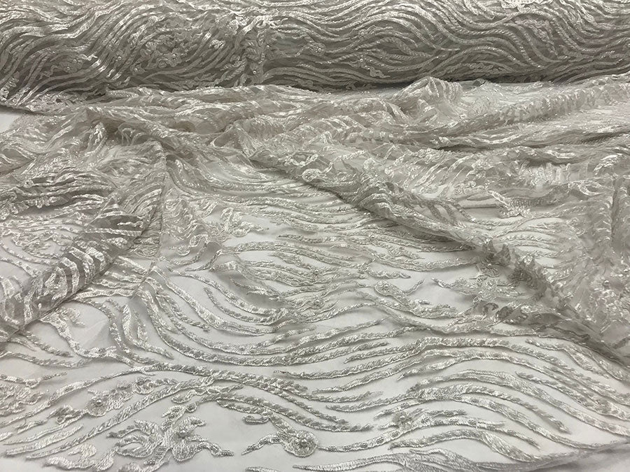 Latest French Design Bridal Embroidered Lace With Beads And Sequins Mesh FabricICE FABRICSICE FABRICSWhiteLatest French Design Bridal Embroidered Lace With Beads And Sequins Mesh Fabric ICE FABRICS White