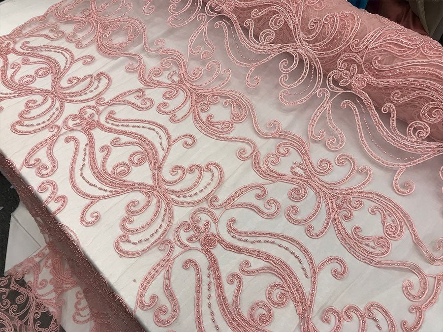 Light Pink Embroidered Bridal Design Beaded Mesh Lace FabricICE FABRICSICE FABRICSLight Pink Embroidered Bridal Design Beaded Mesh Lace Fabric ICE FABRICS