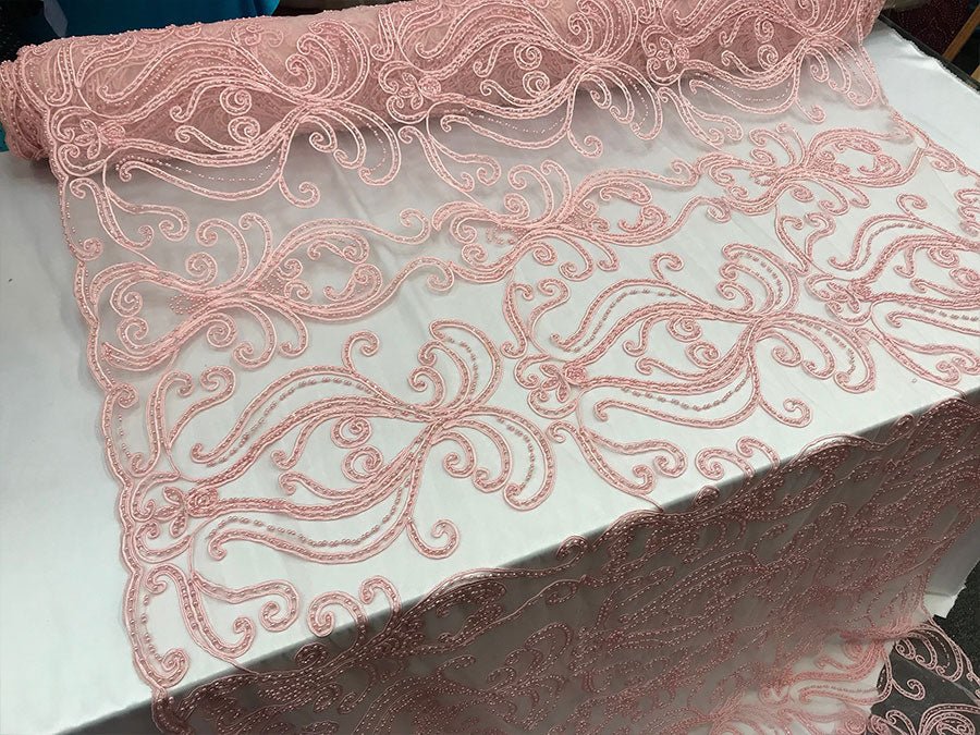 Light Pink Embroidered Bridal Design Beaded Mesh Lace FabricICE FABRICSICE FABRICSLight Pink Embroidered Bridal Design Beaded Mesh Lace Fabric ICE FABRICS