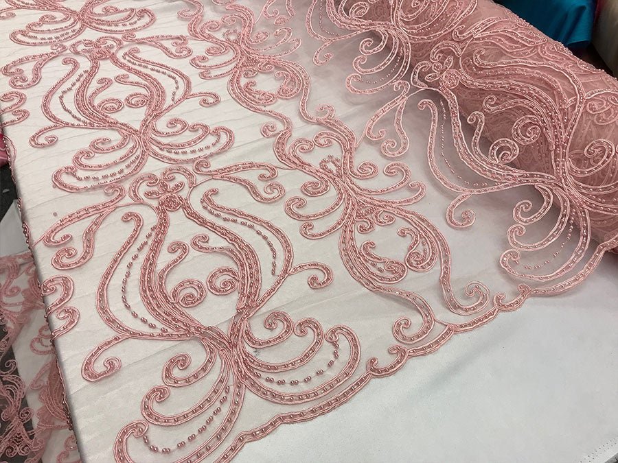 Light Pink Embroidered Bridal Design Beaded Mesh Lace FabricICE FABRICSICE FABRICSLight Pink Embroidered Bridal Design Beaded Mesh Lace Fabric ICE FABRICS