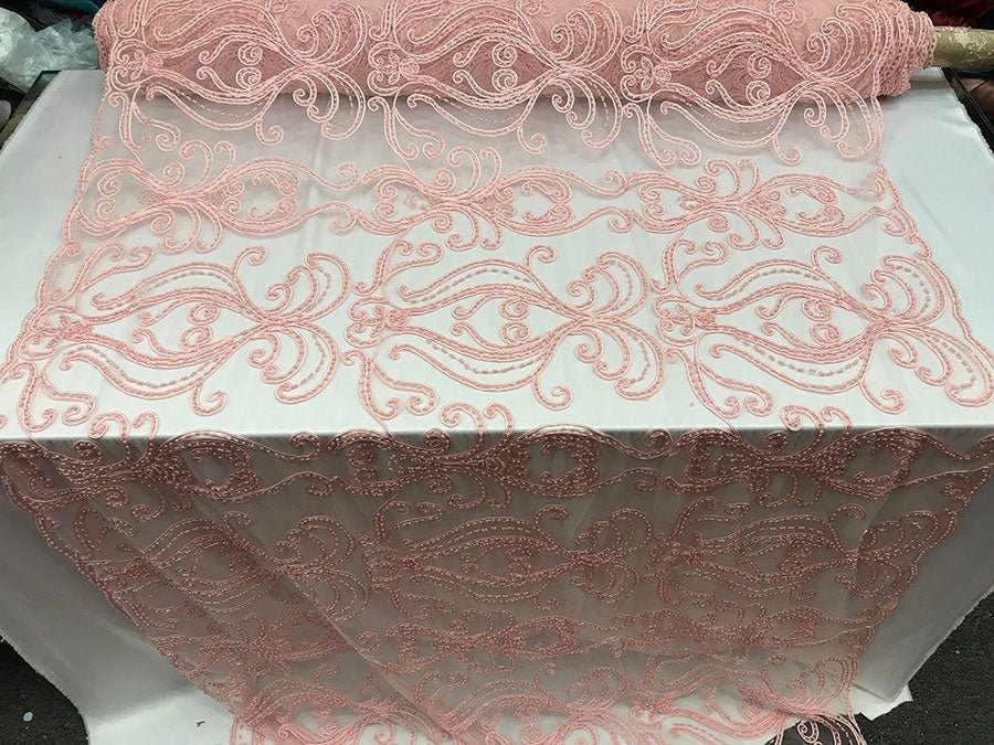 Light Pink Embroidered Bridal Design Beaded Mesh Lace FabricICE FABRICSICE FABRICSLight Pink Embroidered Bridal Design Beaded Mesh Lace Fabric ICE FABRICS