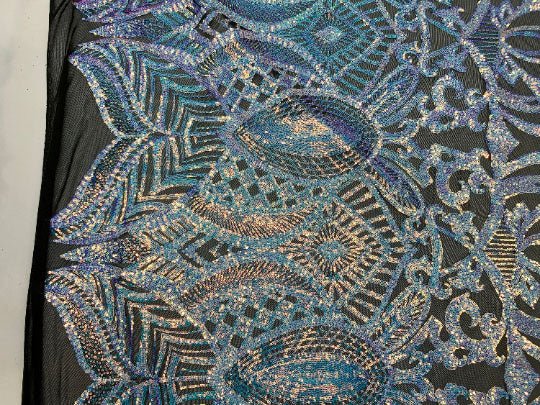 London Design 4 WAY Stretch Sequins Fabric SpandexICEFABRICICE FABRICSSky Blue On A Black MeshLondon Design 4 WAY Stretch Sequins Fabric Spandex ICEFABRIC Sky Blue On A Black Mesh