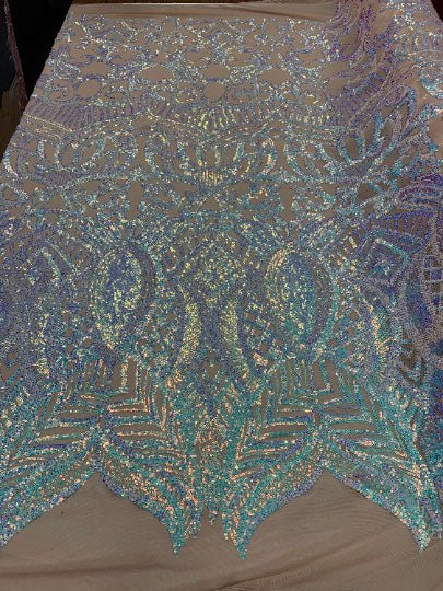 London Design 4 WAY Stretch Sequins Fabric SpandexICEFABRICICE FABRICSSky Blue on Nude MeshLondon Design 4 WAY Stretch Sequins Fabric Spandex ICEFABRIC Sky Blue on Nude Mesh