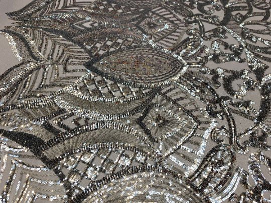 London Design 4 WAY Stretch Sequins Fabric SpandexICEFABRICICE FABRICSSilver On Gray MeshLondon Design 4 WAY Stretch Sequins Fabric Spandex ICEFABRIC Silver On Gray Mesh