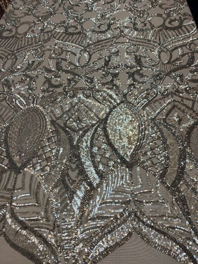 London Design 4 WAY Stretch Sequins Fabric SpandexICEFABRICICE FABRICSSilver On Gray MeshLondon Design 4 WAY Stretch Sequins Fabric Spandex ICEFABRIC Silver On Gray Mesh