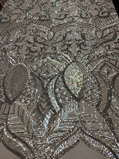 London Design 4 WAY Stretch Sequins Fabric SpandexICEFABRICICE FABRICSSilver On Gray MeshLondon Design 4 WAY Stretch Sequins Fabric Spandex ICEFABRIC Silver On Gray Mesh