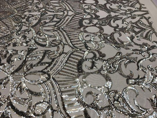 London Design 4 WAY Stretch Sequins Fabric SpandexICEFABRICICE FABRICSSilver On Gray MeshLondon Design 4 WAY Stretch Sequins Fabric Spandex ICEFABRIC Silver On Gray Mesh