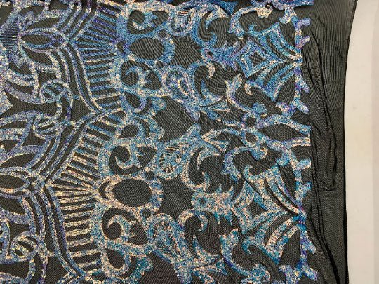 London Design 4 WAY Stretch Sequins Fabric SpandexICEFABRICICE FABRICSSky Blue On A Black MeshLondon Design 4 WAY Stretch Sequins Fabric Spandex ICEFABRIC Sky Blue On A Black Mesh