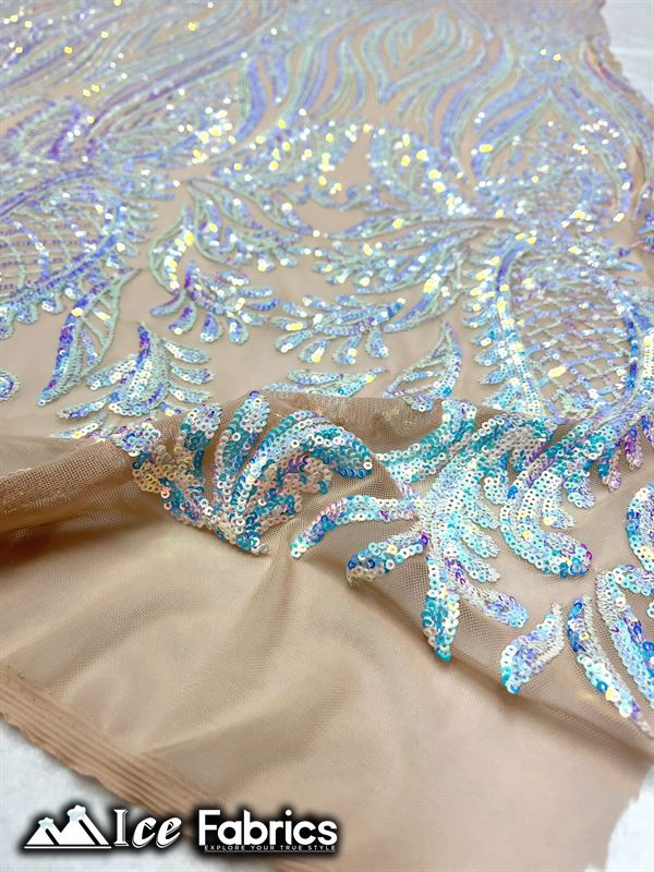 Loyalty Sequin Fabric Embroidery Lace on 4 Way Stretch MeshICE FABRICSICE FABRICSBy The Yard (56" Wide)Iridescent Blue on NudeLoyalty Sequin Fabric Embroidery Lace on 4 Way Stretch Mesh ICE FABRICS Iridescent Blue on Nude