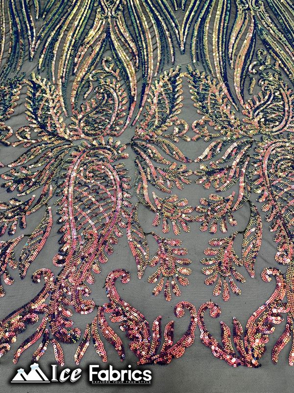 Loyalty Sequin Fabric Embroidery Lace on 4 Way Stretch MeshICE FABRICSICE FABRICSBy The Yard (56" Wide)Iridescent Pink Orange on BlackLoyalty Sequin Fabric Embroidery Lace on 4 Way Stretch Mesh ICE FABRICS Iridescent Pink Orange on Black