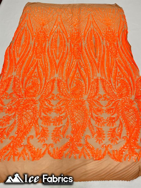 Loyalty Sequin Fabric Embroidery Lace on 4 Way Stretch MeshICE FABRICSICE FABRICSBy The Yard (56" Wide)Iridescent Neon Orange on NudeLoyalty Sequin Fabric Embroidery Lace on 4 Way Stretch Mesh ICE FABRICS Iridescent Neon Orange on Nude