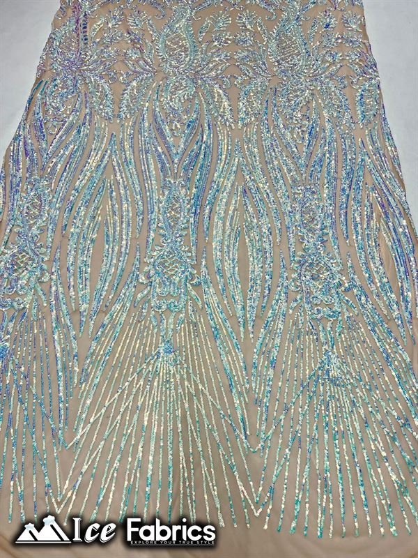 Loyalty Sequin Fabric Embroidery Lace on 4 Way Stretch MeshICE FABRICSICE FABRICSBy The Yard (56" Wide)Iridescent Blue on NudeLoyalty Sequin Fabric Embroidery Lace on 4 Way Stretch Mesh ICE FABRICS Iridescent Blue on Nude