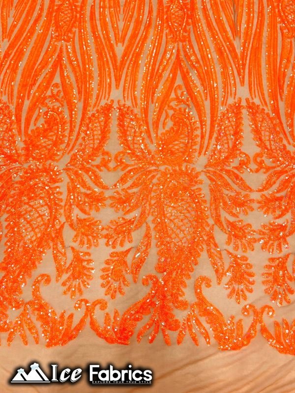Loyalty Sequin Fabric Embroidery Lace on 4 Way Stretch MeshICE FABRICSICE FABRICSBy The Yard (56" Wide)Iridescent Neon Orange on NudeLoyalty Sequin Fabric Embroidery Lace on 4 Way Stretch Mesh ICE FABRICS Iridescent Neon Orange on Nude