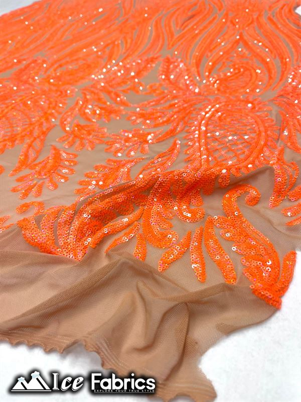 Loyalty Sequin Fabric Embroidery Lace on 4 Way Stretch MeshICE FABRICSICE FABRICSBy The Yard (56" Wide)Iridescent Neon Orange on NudeLoyalty Sequin Fabric Embroidery Lace on 4 Way Stretch Mesh ICE FABRICS Iridescent Neon Orange on Nude