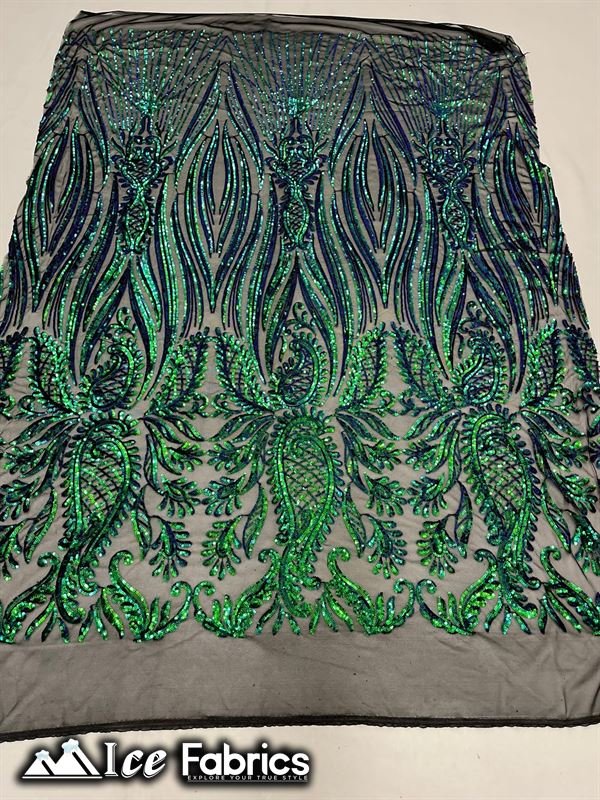 Loyalty Sequin Fabric Embroidery Lace on 4 Way Stretch MeshICE FABRICSICE FABRICSBy The Yard (56" Wide)Emerald Green on BlackLoyalty Sequin Fabric Embroidery Lace on 4 Way Stretch Mesh ICE FABRICS Emerald Green on Black