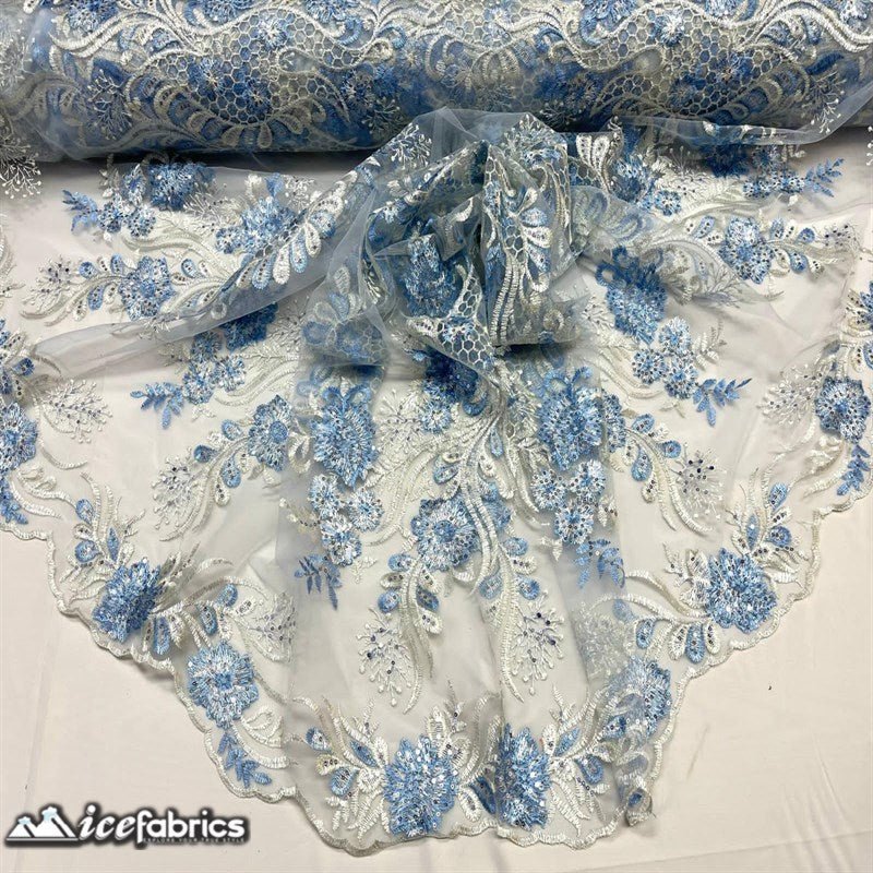 Luca Lace Fabric | Floral Embroidery LaceICE FABRICSICE FABRICSBy The Yard (54 inches Wide)Baby Blue / WhiteLuca Lace Fabric | Floral Embroidery Lace ICE FABRICS Baby Blue / White