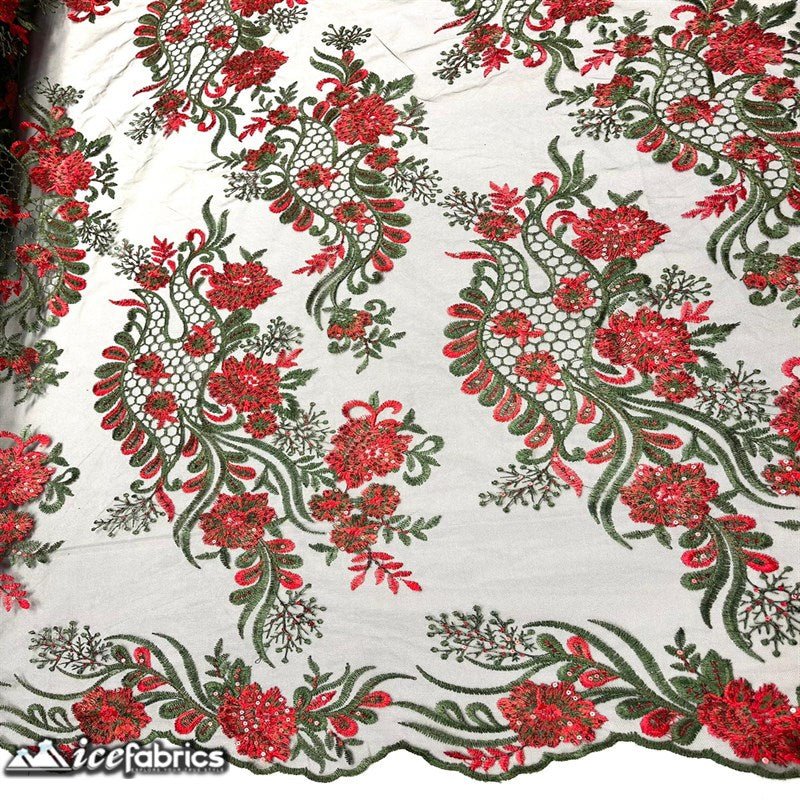 Luca Lace Fabric | Floral Embroidery LaceICE FABRICSICE FABRICSBy The Yard (54 inches Wide)Red / Hunter GreenLuca Lace Fabric | Floral Embroidery Lace ICE FABRICS Red / Hunter Green