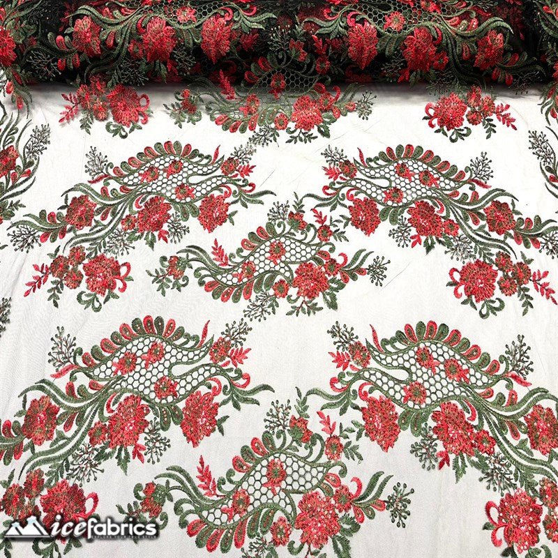 Luca Lace Fabric | Floral Embroidery LaceICE FABRICSICE FABRICSBy The Yard (54 inches Wide)Red / Hunter GreenLuca Lace Fabric | Floral Embroidery Lace ICE FABRICS Red / Hunter Green