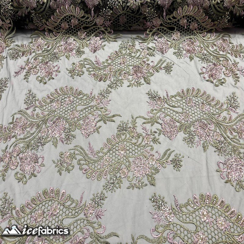 Luca Lace Fabric | Floral Embroidery LaceICE FABRICSICE FABRICSBy The Yard (54 inches Wide)Dusty Rose / GreenLuca Lace Fabric | Floral Embroidery Lace ICE FABRICS Dusty Rose / Green