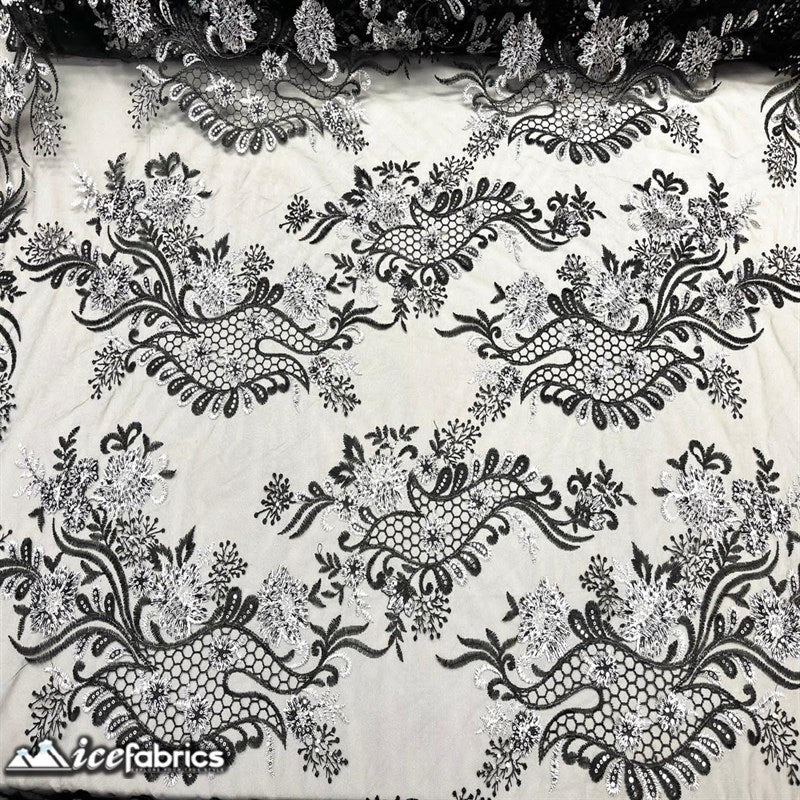 Luca Lace Fabric | Floral Embroidery LaceICE FABRICSICE FABRICSBy The Yard (54 inches Wide)Black / WhiteLuca Lace Fabric | Floral Embroidery Lace ICE FABRICS Black / White