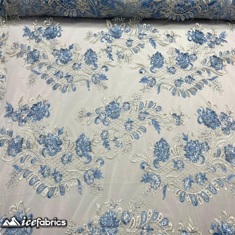 Luca Lace Fabric | Floral Embroidery LaceICE FABRICSICE FABRICSBy The Yard (54 inches Wide)Baby Blue / WhiteLuca Lace Fabric | Floral Embroidery Lace ICE FABRICS Baby Blue / White