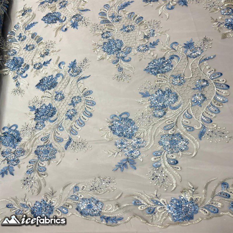 Luca Lace Fabric | Floral Embroidery LaceICE FABRICSICE FABRICSBy The Yard (54 inches Wide)Baby Blue / WhiteLuca Lace Fabric | Floral Embroidery Lace ICE FABRICS Baby Blue / White