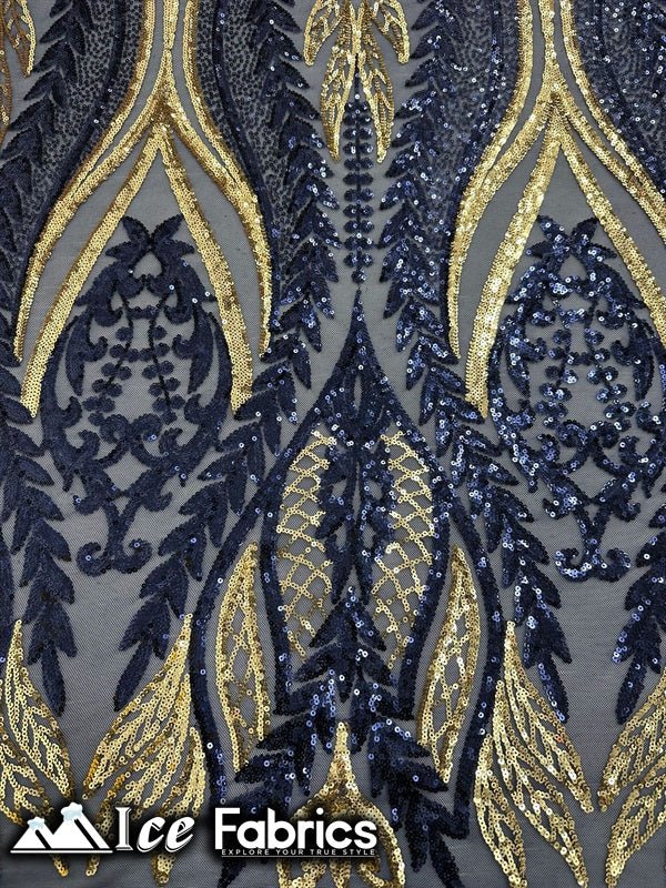 Lucy Damask Sequin Fabric on Spandex Mesh Green Gold Navy Gold