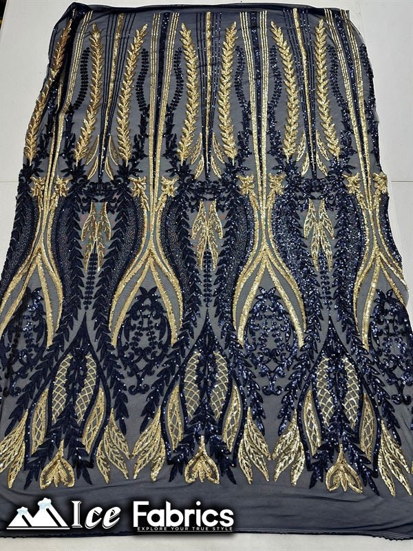 Lucy Damask Sequin Fabric on Spandex Mesh Green Gold Navy Gold