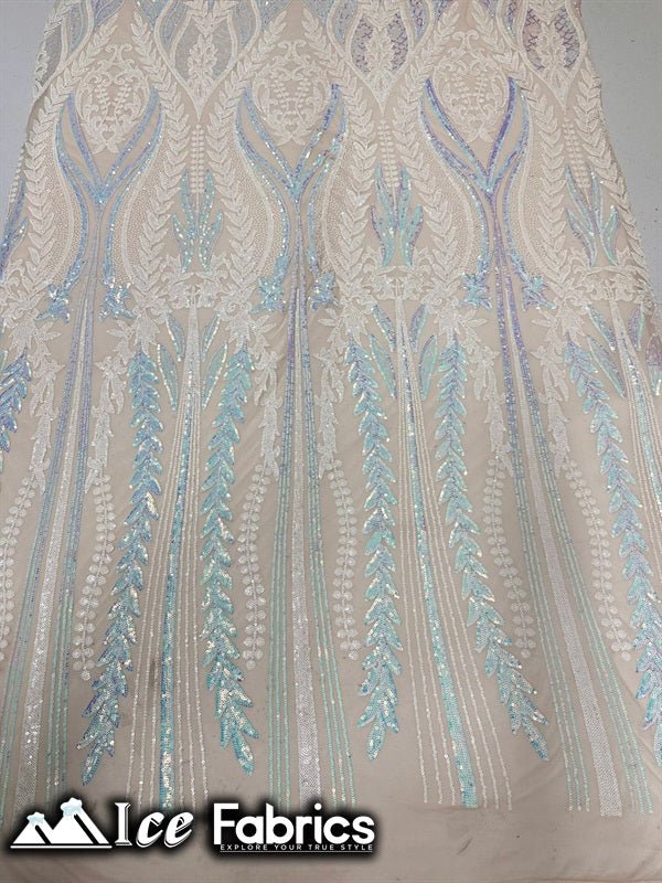 Lucy Damask Sequin Fabric on Spandex Mesh Baby Blue