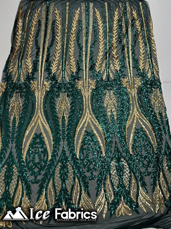 Lucy Damask Sequin Fabric on Spandex Mesh Green Gold