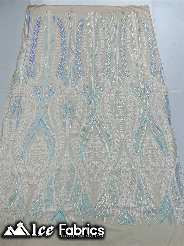 Lucy Damask Sequin Fabric on Spandex Mesh Baby Blue