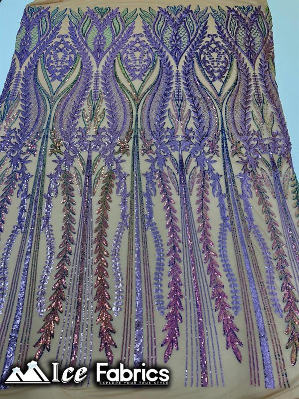 Lucy Damask Sequin Fabric on Spandex Mesh Lavender