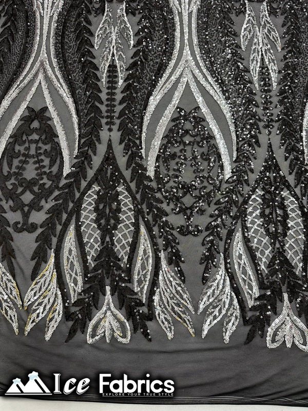 Lucy Damask Sequin Fabric on Spandex MeshICE FABRICSICE FABRICSBy The Yard (58" Wide)Silver BlackLucy Damask Sequin Fabric on Spandex Mesh ICE FABRICS Silver Black