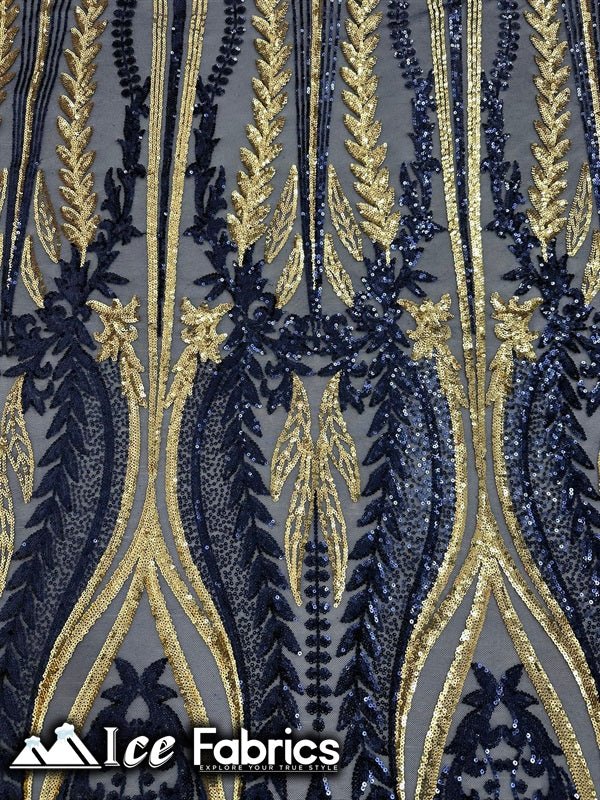 Lucy Damask Sequin Fabric on Spandex Mesh Green Gold Navy Gold