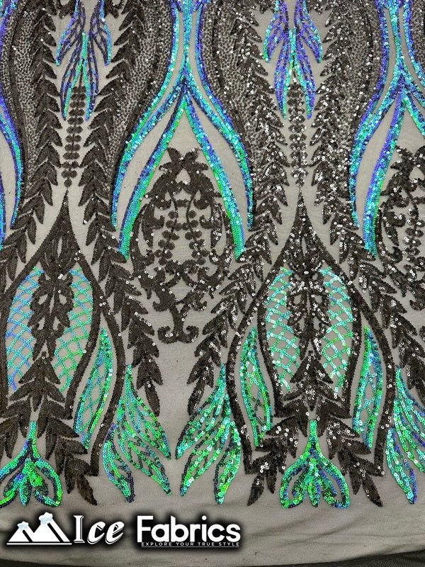 Lucy Damask Sequin Fabric on Spandex Mesh Green Black