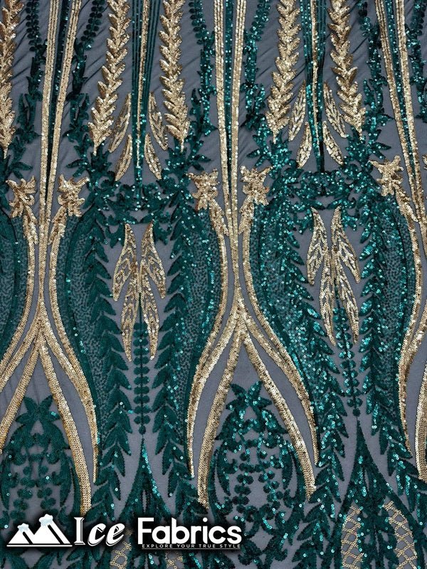 Lucy Damask Sequin Fabric on Spandex Mesh Green Gold