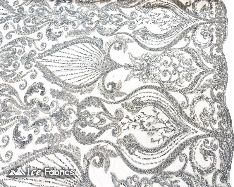 Luxurious Beaded Fabric By The Yard | Handmade EmbroideryICE FABRICSICE FABRICSLuxurious SilverSilverBy The Yard (54" Inch Wide)Silver