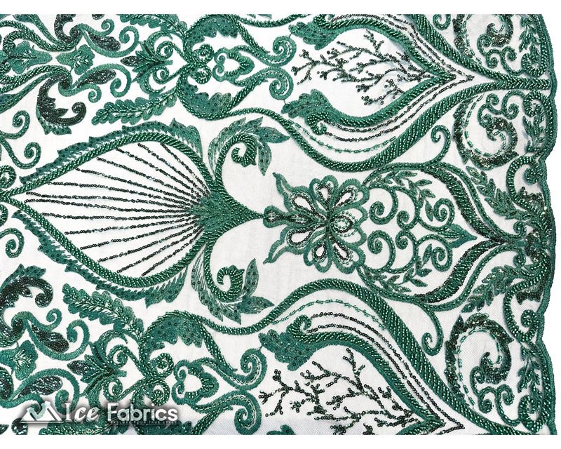 Luxurious Beaded Fabric By The Yard | Handmade EmbroideryICE FABRICSICE FABRICSLuxurious Hunter GreenHunter GreenBy The Yard (54" Inch Wide) Hunter Green