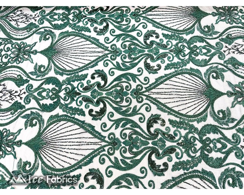 Luxurious Beaded Fabric By The Yard | Handmade EmbroideryICE FABRICSICE FABRICSLuxurious Hunter GreenHunter GreenBy The Yard (54" Inch Wide) Hunter Green