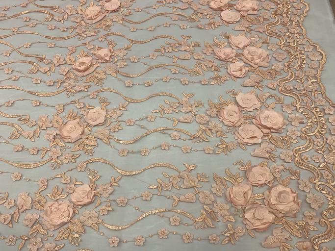 Luxury Design Embroidered Fashion Modern 3D Flowers Handmade Mesh Lace Fabric By The YardICEFABRICICE FABRICSPeachLuxury Design Embroidered Fashion Modern 3D Flowers Handmade Mesh Lace Fabric By The Yard ICEFABRIC Peach