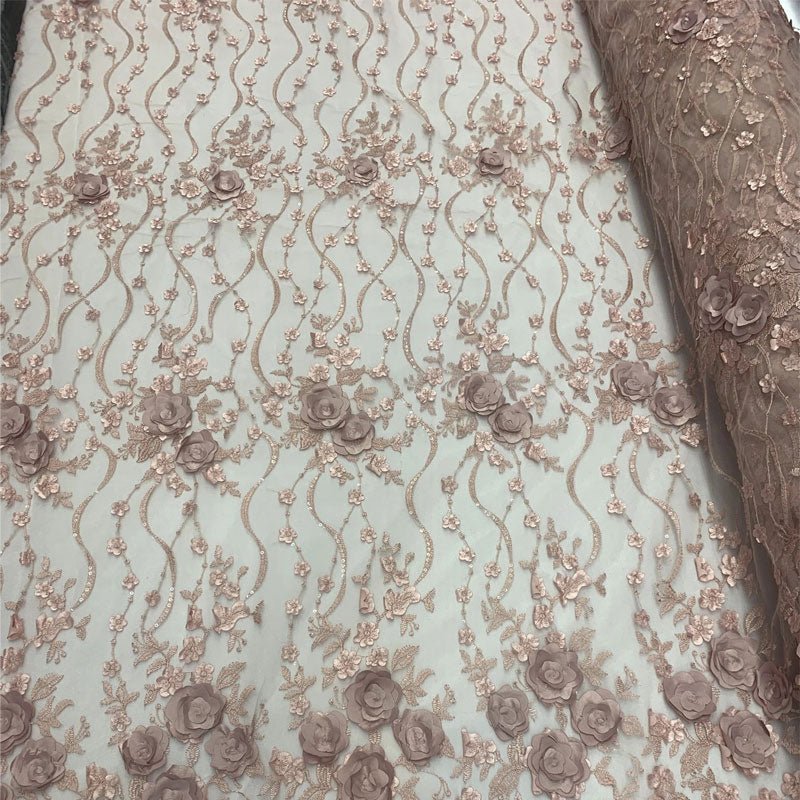 Luxury Design Embroidered Fashion Modern 3D Flowers Handmade Mesh Lace Fabric By The YardICEFABRICICE FABRICSDusty RoseLuxury Design Embroidered Fashion Modern 3D Flowers Handmade Mesh Lace Fabric By The Yard ICEFABRIC Dusty Rose